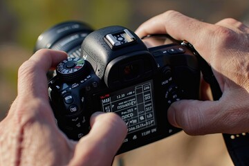 Close-up of a photographer's hands adjusting camera settings