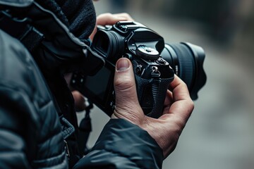 Close-up of a photographer's hands adjusting camera settings