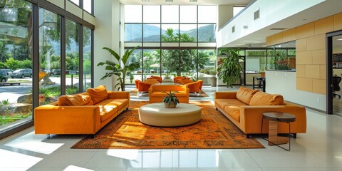 An elegantly designed modern office lobby featuring large windows, vibrant orange furniture, a lush...