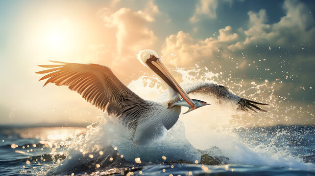 A pelican catching a fish with water splashing and bright coastal on background