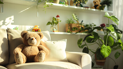 A teddy bear on sofa with shelves holding plants and children's toys in the living room. Resting, Sleeping, Relaxing