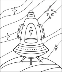 Coloring page. Spaceship is standing on planet. Black and white space. Vector