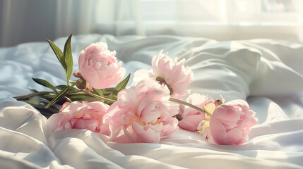 A bouquet of pink peonies, lies near the pillow on the bed. with the morning sun at modern bedroom