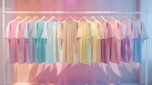 Collection of Clean, ironed, colorful pastel colors t shirts hangs up on a rack in store or wardrobe. Clothing store concept for sale. Presentation template for advertising commerce. Generative AI