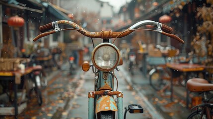 An intricately detailed, vintage bicycle with a rusted frame, parked on a narrow, cobblestone street adorned with falling autumn leaves and Chinese lanterns, evoking a nostalgic sense of history - Powered by Adobe