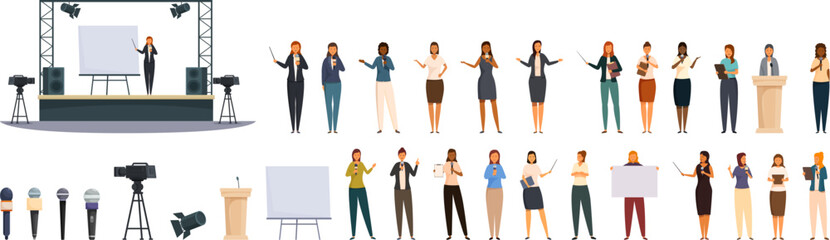 Female presenter vector. A group of people are standing in front of a white board. Some of them are holding signs