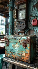 A weathered, rusty metal box with a handle on a vintage wooden table, set against a backdrop of eclectic vintage decorations and furniture in a rustic environment