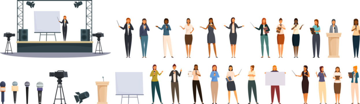 Female presenter vector. A group of people are standing in front of a white board. Some of them are holding signs