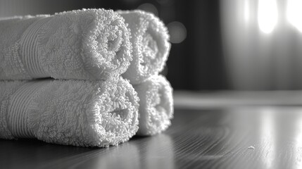 A serene black and white image showcasing a neatly arranged stack of four rolled, textured white towels placed on a wooden surface against a softly blurred background
