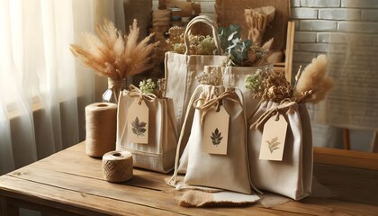  Eco-friendly fabric bags made from natural and recycled materials, placed on a wooden table. Each bag is decorated with jute twine and dried flowers