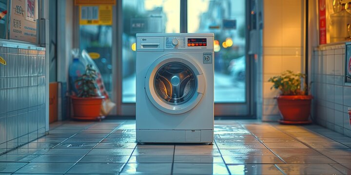 A modern, high-efficiency front-loading washing machine illuminated in a laundromat at dusk, showcasing cleanliness and technology in everyday life - Powered by Adobe