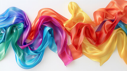 An artistic composition of rainbow-colored ribbons forming the shape of a flag, representing LGBTQ+ pride and diversity, with space for text or graphics