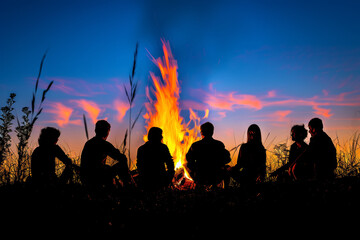 Fototapeta premium Silhouettes of friends gathered around a bonfire, their faces illuminated by the flickering flames. Concept of bonding and togetherness. Generative Ai.