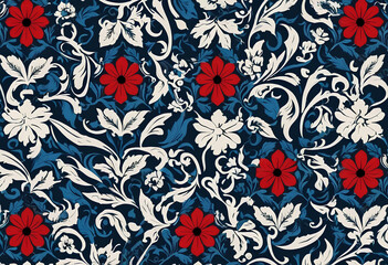 a blue and white floral pattern with red flowers and a white and red flower.