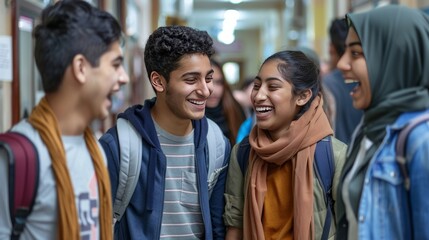 Obraz premium Teenagers laughing together in a school hallway