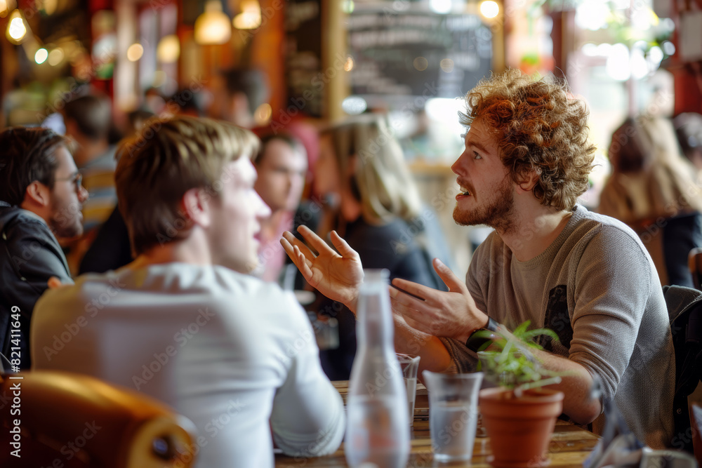 Poster friends engrossed in a lively debate at a cozy café, hands gesturing animatedly as they discuss dive