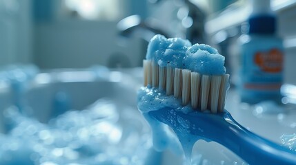 Fototapeta na wymiar Close-up view of a blue toothbrush with white and blue bristles covered in toothpaste foam, placed near a bathroom sink with visible faucet