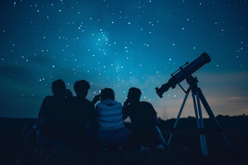 A cluster of friends huddled around a telescope, marveling at the distant galaxies and...