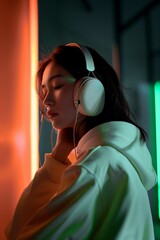 Beauty asian woman with her eyes closed enjoying the music wearing headphones in the street, orange and green neon lights