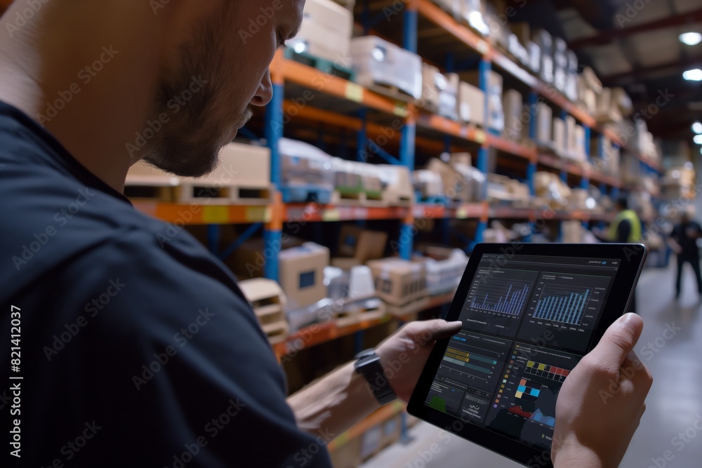 Poster a digital tablet is used for warehouse management, focusing on inventory, logistics, technology, aut
