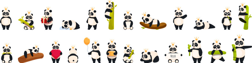 Crown panda vector. A collection of cartoon panda bears in various poses, some holding items like a book, a balloon, and a car