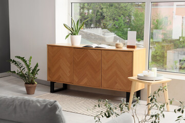 Wooden commode with plant near window in living room