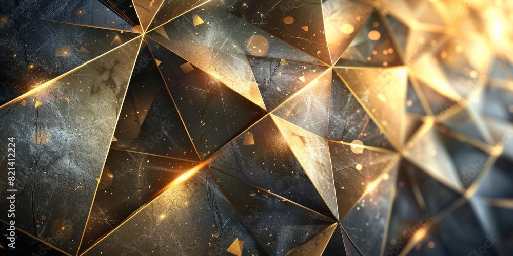 Aufkleber futuristic surface of modern golden black triangles. polygon structure. 3d rendering.