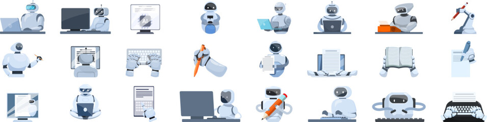 Robot-writer vector. A collection of robot characters with various jobs and tasks. Some are writing, others are typing, and some are using a computer