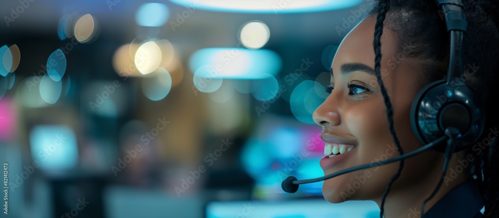 Poster a female customer service representative smiling and wearing a headset in a modern office setting, r