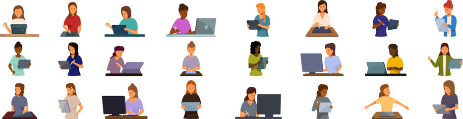 Woman using tablet pen vector. A group of people are sitting at desks and using laptops. The people are of different races and genders