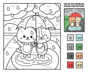 Solve the problem, color the picture. Cats under red umbrella. Coloring book. Vector
