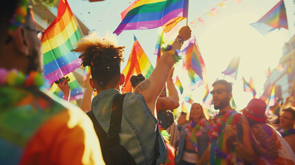 Obraz premium A dynamic composition of people dancing and celebrating at a pride festival, with rainbow flags waving in the air, symbolizing LGBTQ+ pride and joy, with space for text overlay