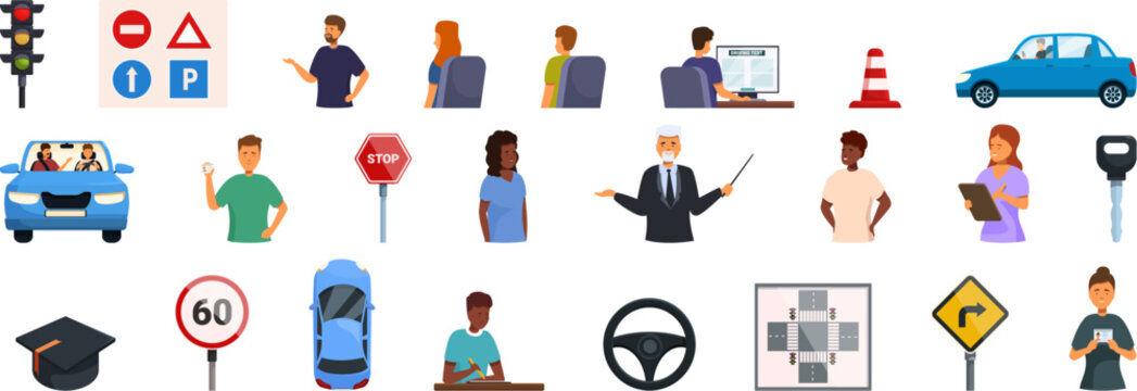 Driving school lessons vector. A collection of icons for various traffic signs and symbols. The icons include a stop sign, a yield sign, a speed limit sign, a pedestrian crossing sign