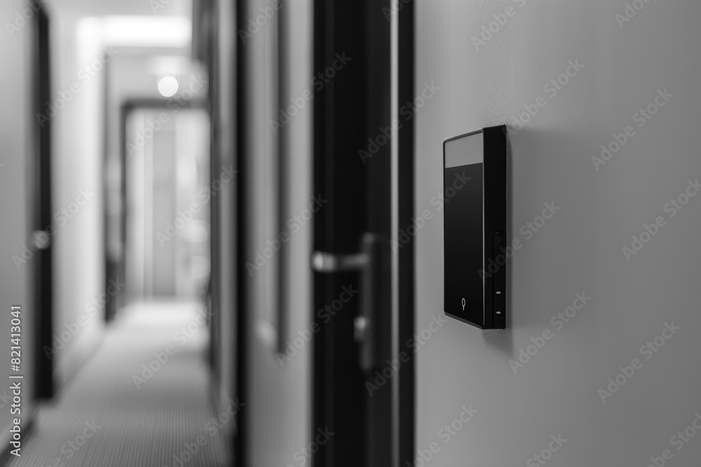 Poster a sleek keycard reader mounted on the wall beside each hotel room door, granting access to guests wi