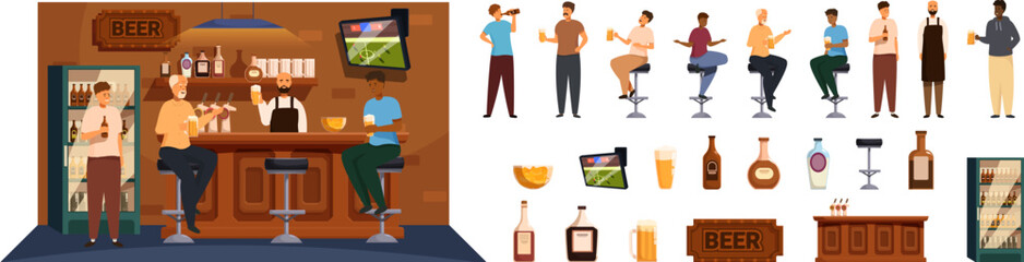 Man beer bar vector. A cartoon image of a bar with a sign that says Beer. There are several people sitting at the bar, some of them drinking beer. The bar has a TV and a refrigerator. Scene is casual
