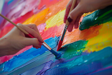 Close-up of a person's hand painting a rainbow flag on a canvas, representing artistic expression and LGBTQ+ pride, with room for additional elements - Powered by Adobe