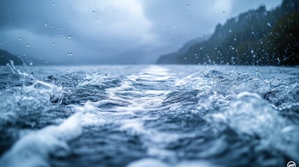 A serene view of choppy water from the perspective of the water?s surface, surrounded by misty hills and a cloudy sky in a tranquil, natural setting