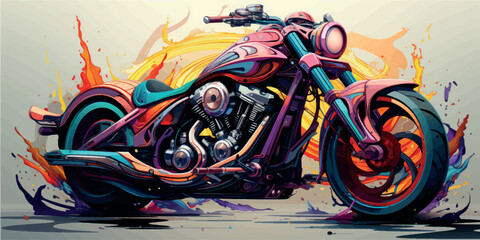 Colorful art paints 3D motorcycle model. Motorcycle picture poster illustration. Moto art. Motorbike print on T-shirts, clothes, fabric, paper, stationery. Rent, purchase, license category A.