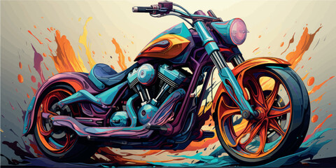 Colorful art paints 3D motorcycle model. Motorcycle picture poster illustration. Moto art. Motorbike print on T-shirts, clothes, fabric, paper, stationery. Rent, purchase, license category A.