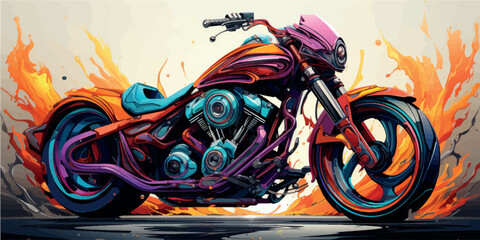 Colorful art paints 3D motorcycle model. Motorcycle picture poster illustration. Moto art. Motorbike print on T-shirts, clothes, fabric, paper, stationery. Rent, purchase, license category A.