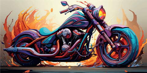 Colorful art paints 3D motorcycle model. Motorcycle picture poster illustration. Moto art. Motorbike print on T-shirts, clothes, fabric, paper, stationery. Rent, purchase, license category A.