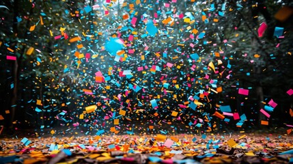 Brightly colored confetti suspended in the air above a forest ground, creating an energetic and...