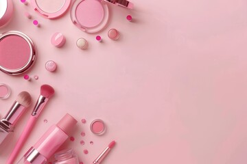 Top view of makeup items on a pink background with copy space