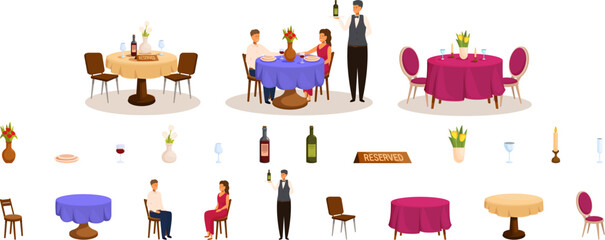 Restaurant table served romantic dating vector. A series of images of a restaurant with a man in a vest serving food. The man is wearing a tie and is standing behind a table. The table has a vase and