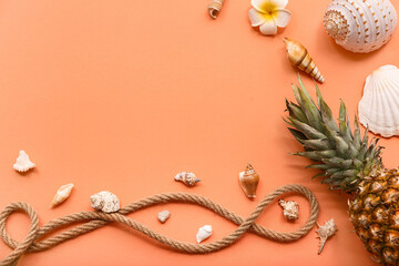 Beautiful seashells, sunglasses and pineapple on orange background. Summer concept