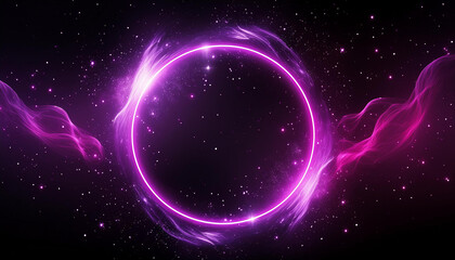 Abstract neon energy sphere of particles and waves of magical glowing on a dark background, circle and loop frames with magic purple and pink flame and sparks