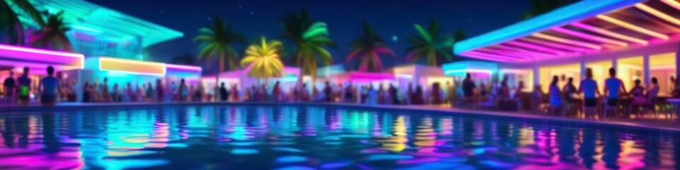 This abstract background captures the electric energy of a beach party, with blurred neon lights and festive colors reflecting the vibrant spirit of a tropical summer evening.