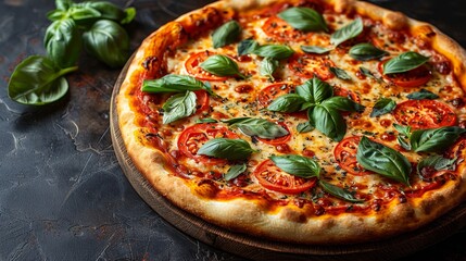 Delicious freshly baked pizza topped with mozzarella cheese, tomatoes, basil, and pepperoni served on a wooden board, ideal for a cozy dinner