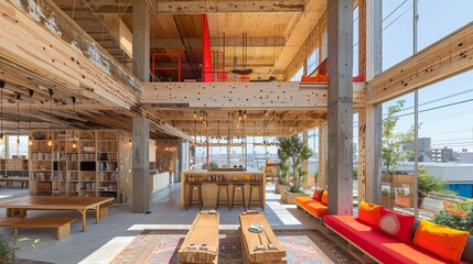 A modern, spacious library with expansive views, featuring large wooden tables, floor-to-ceiling windows, and stylishly minimalistic decor