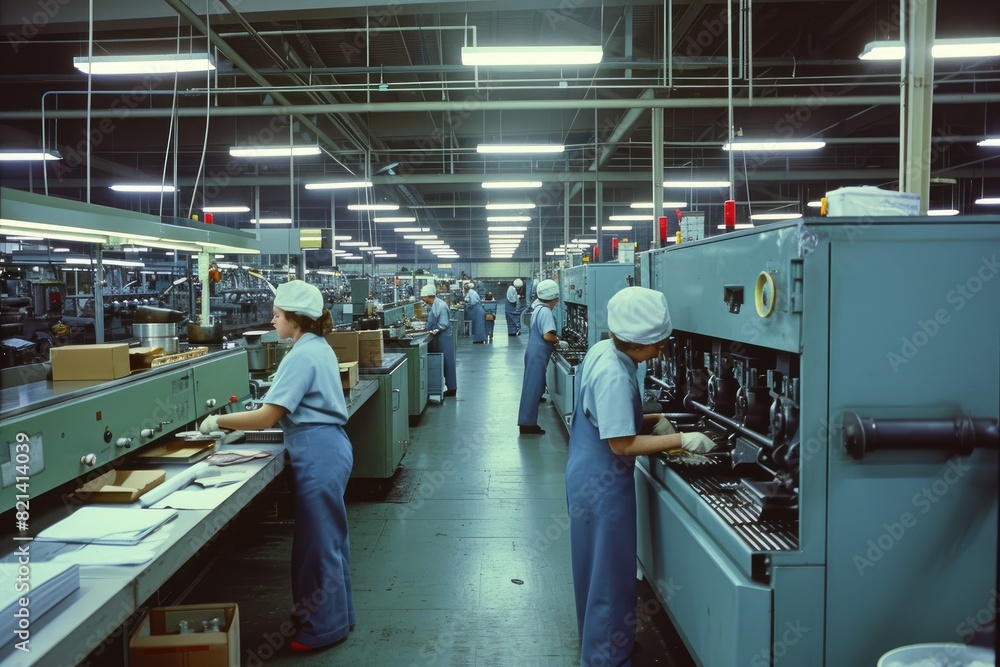 Poster factory floor with workers operating machinery